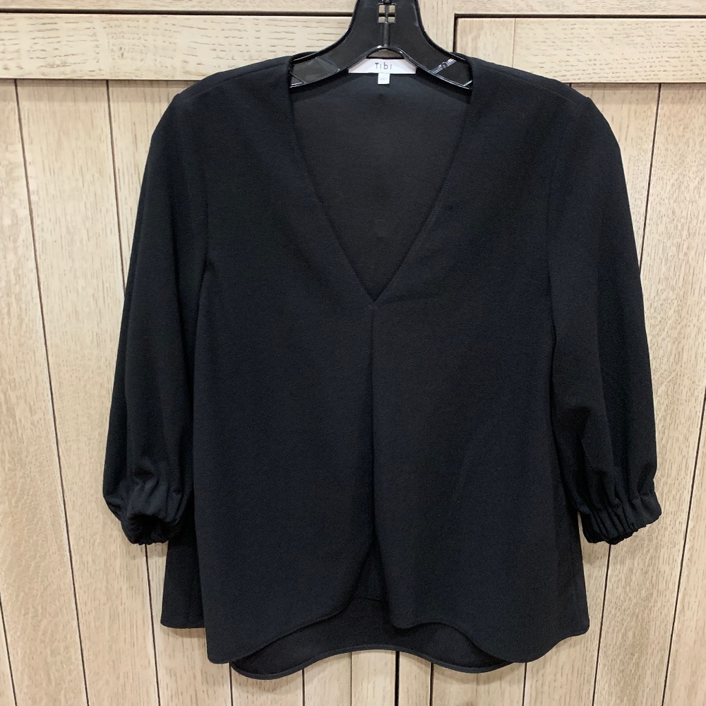 Tibi V-Neck Crepe Top, Black, Size XXS